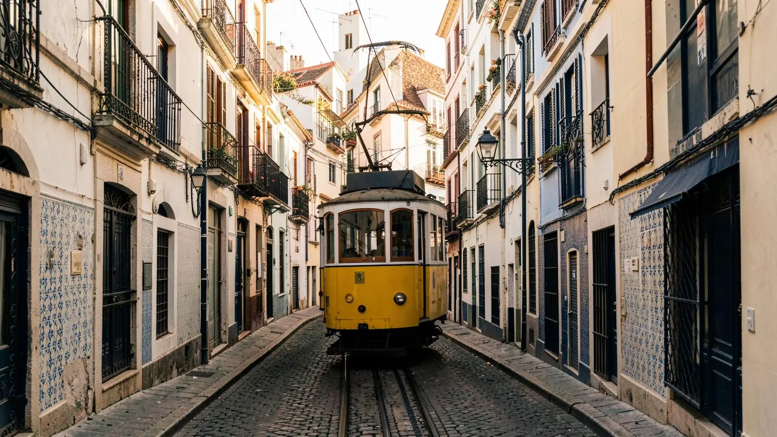 Rua de Lisboa com eléctrico amarelo e prédios revestidos a azulejo