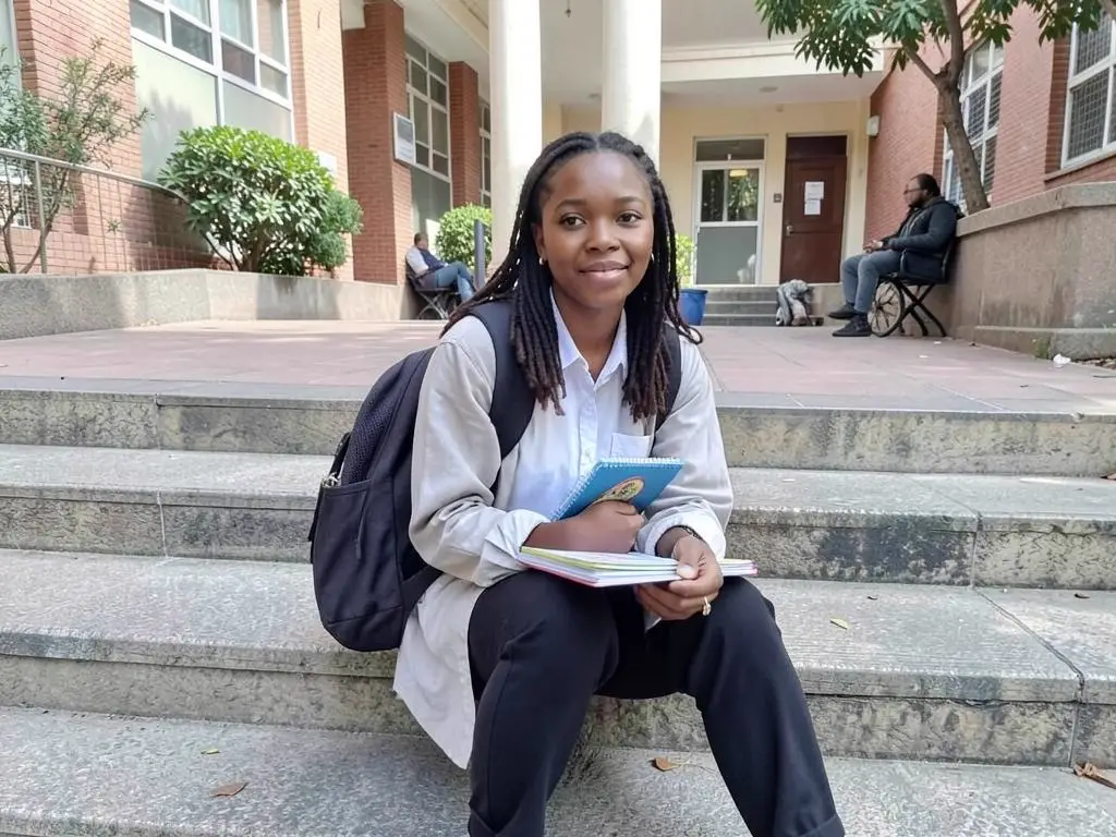 Estudante africana sentada nas escadas de uma universidade