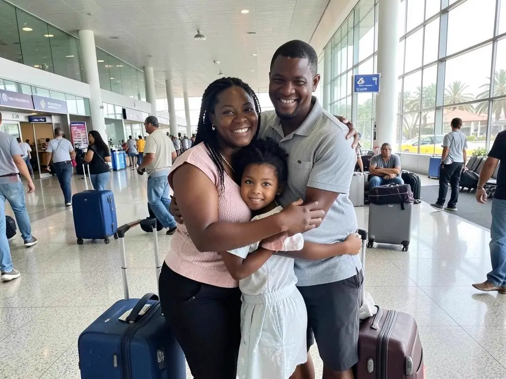 Família africana abraçada no aeroporto com malas