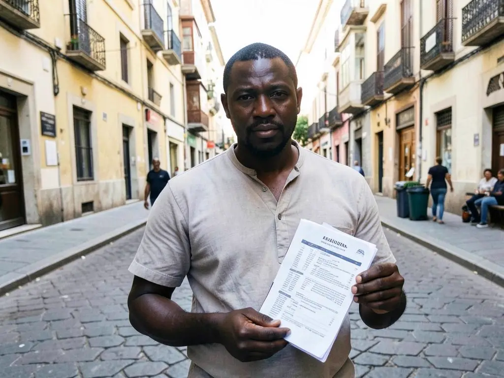 Homem numa rua portuguesa com currículos na mão
