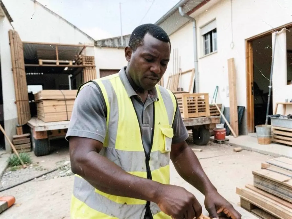 Homem africano a trabalhar num estaleiro em Portugal